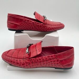 Vince Camuto Red Leather Loafers 9 Perenna Flats Croc Embossed Pattern Bit